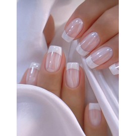 GlamRays Press On Nails Medium Square Set Simple White French Tip Style Glitter Fake Nails Cute Pink Fake Nails for Women and Girls 24 Pieces