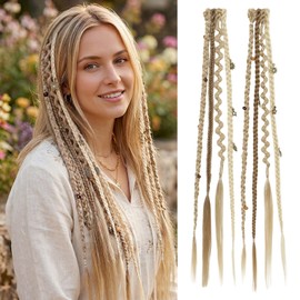BOGSEA 2PCS Clip in Braid Hair Extensions, Boho Dreadlock Brown mix Blonde