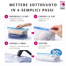 LifeChic 4 Sacchetti Salvaspazio Sottovuoto 70x90 cm, 4 Pezzi Riutilizzabili con Valvola Universale, Busta Sottovuoto per Vestiti, Maglioni, Lenzuola, Asciugamani e Cambio Stagione