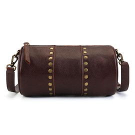 Genuine Leather Round Crossbody Bags for Women Travel Cross Body Purse Small Women's Handbags Boho Rivet Studded Sling Shoulder Bag Coffee