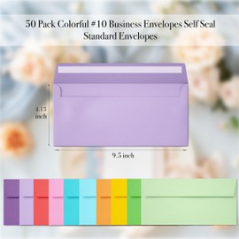 Slapaflife 50 Pack Business Envelopes #10, 4.13 x 9.49 Inches Colored Envelopes Self Seal for Business, Invoices, Letter Mailing, Office Checks