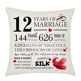 12th Wedding Anniversary Silk Anniversary Cushion Cover - Gift for Wife or Husband - 12 Years of Marriage Keepsake Present - Elegant 45x45cm Pillow Case (12 Years of Marriage)