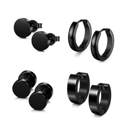 4 Pairs Black Stainless Steel Stud Earrings for Men Women Hoop Earrings Huggie Piercing 18G