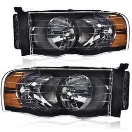 PIT66 Headlights Assembly, Compatible with 2002-2005 Dodge Ram 1500/2003-2005 Dodge Ram 2500 3500 Front Headlamp LH&RH Clear Lens Black Housing Amber Reflector