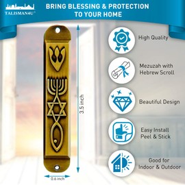 Brass Messianic Mezuzah Case with Scroll for Door 3D Menorah Messianic Seal 10 cm / 4 Inch