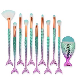 11PCS Makeup Brushes Set with Colorful Fish Tail Handle, Foundation Eyebrow Eyeliner Blush Cosmetic Concealer Brushes Women Girl Cute Make Up Tool Set