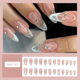 Almond Press on Nails Medium Long French Tip Nails Press on Shiny Fake Nails with Rhinestone Designs Cat-eyes False Nails Stiletto Artificial Acrylic Nails Glossy Full Cover Almond Nail Tips for Women