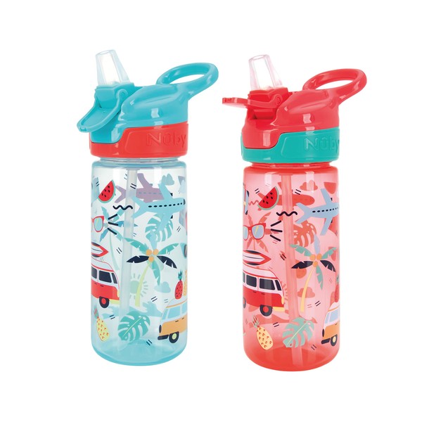 Nuby Super Quench Water Bottle-No Spill Active Toddler Sippy Cup|540ml/19oz |Carry Handle|Freeflow|Dishwasher, Steriliser Safe|Suitable Beaker for 18 Months Plus (Tropical, Pack of 2)
