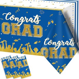 chiazllta Set of 3 Graduation Tablecloths Class of 2025 Congrats Grad Blue Graduation Party Tablecover Decorations Party Supplies Large Size Plastic 54"x108"(Blue & Gold)