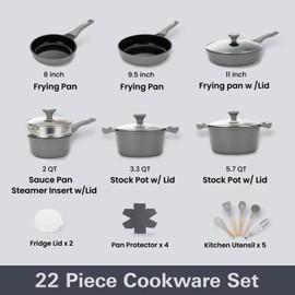 UCCLIFE 22-PCS Pots and Pans Set Non Stick, Induction Cookware Set, Non-toxic Kitchen Cooking Set, Frying Pan, Saucepan Stock Pot Kitchen Utensils Dishwasher Safe, Scratch-resistant (PFAS, PTEF Free)