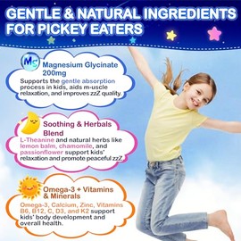 Kids Magnesium Glycinate Gummies - Magnesium Glycinate Supplement 200mg with L-theanine Omega-3 Calcium Vitamin D3 & B12 for Kids Natural Zzz at Bedti