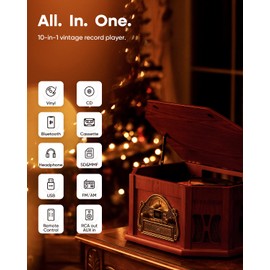 ORCC 10-in-1 Record Player, Nostalgic Turntable for Vinyl Record with Bluetooth, 2 Built-in Speakers, CD, Cassette, AM/FM Radio, USB, SD Slot, Remote Control