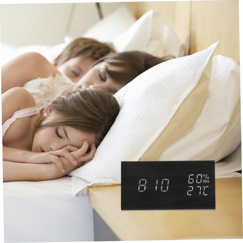 ABOOFAN Wooden LED Alarm Clock with Sound Control Temperature Humidity