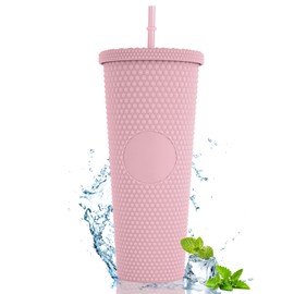 Joymaking Studded Tumbler with Straw and Lid, Double Walled Cold Cup, 24oz Studded Cup Plastic Cup Glitter Water Bottle Cups for Iced Coffee, Smoothies and Drink（Coral Powder）