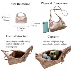 Jormino Crescent Crossbody Shoulder Bag, Tote Floral Handbag for Women, Sling Hobo Purse with Chain Strap Beige