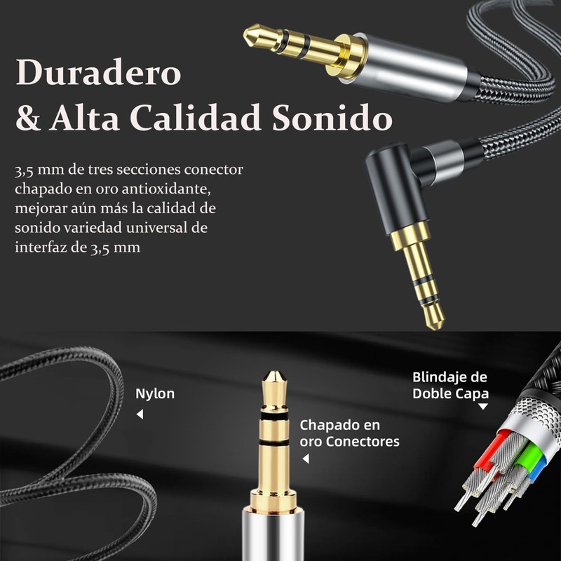 2PCS Cable Auxiliar 3.5mm,Cable Audio Estéreo con Conector de 90º,1.5M