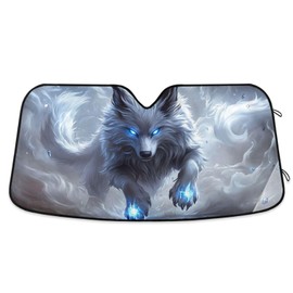 White Wolf Glowing Blue Eyes Windshield Sunshade Blocks UV Foldable Car Sun Shade Front Keep Your Vehicle Cool Sun Visor