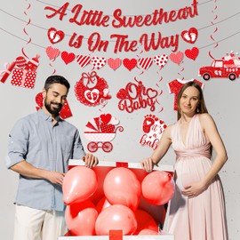 Valentines Baby Shower Decorations, A Little Sweetheart Is On The Way Banner and Red Baby Shower Decorations Hanging Swirls, Sweetheart Decorations for Valentines Day Baby Shower Party