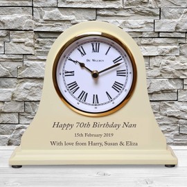 De Walden Girl's 70th Birthday Gift Personalised Engraved Wooden Cream Mantel Clock 70 Years Gift for a Woman 15cm x 18cm