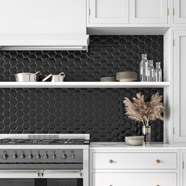 VEELIKE Black Hexagon Peel and Stick Backsplash for Kitchen Stick on Backsplash Tiles for Bathroom Shower Wall Tiles 6-Sheets Waterproof Adhesive Black Vinyl Backsplash Tile Stickers 12''x12''