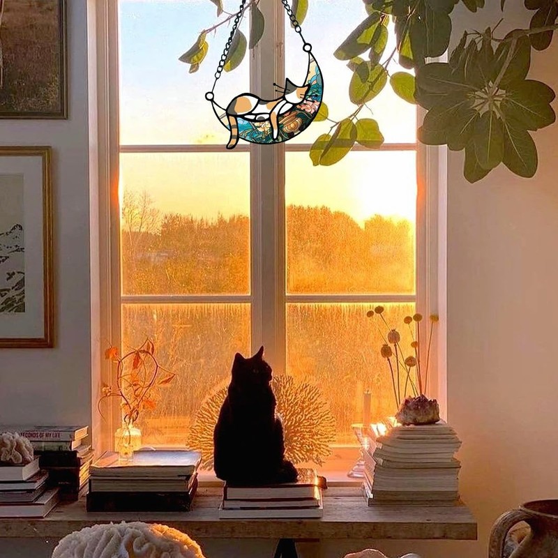 Stained Glass Window Hanging Cat, Cat Suncatchers for Windows Hanging,