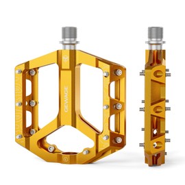 GEWAGE MTB Pedals Bicycle Pedals Set - Flat Pedals for Mountain Bike & Gravel Bike, Non-Slip & Durable, Aluminium Alloy, CNC Machined, 9/16 Inch Axle, Easy Installation (Gold)