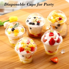 TashiBox 9 Ounce -100 Pack plastic cups with dome lids | Plastic Cocktail Glasses with lids | Plastic Drinking Cups with Lids | Bulk Party Cups | Wedding Tumblers