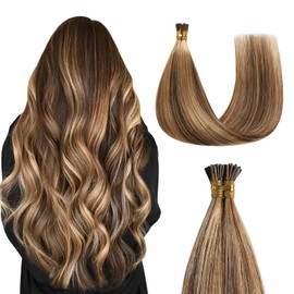Sunya Brown I Tip Hair Extensions Human Hair 16 Inch Dark Brown Highlight Caramel Blonde Pre Bonded I Tip Hair Extensions Fusion I Tip Human Hair Extensions #P4/27 40g 50 Strands/Pack