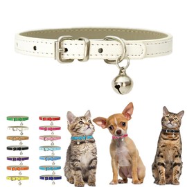 White Small Collar with Bell, Soft Pu Leather Kitten Dog Collars Adjustable Buckle for XXS XS Extra Small Medium Tiny Female Male Boys Girls Pets Puppy Cats Teacup Yorkie X-Small