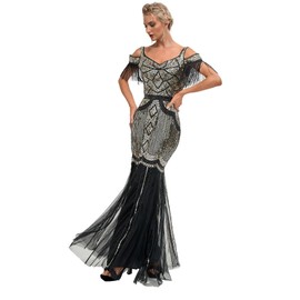 LELOVEFU 1920s Flapper Dresses Shimmering Sequin Vintage Mermaid Evening Gowns w/ 20s Accessories