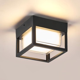 Outdoor Porch LED Ceiling Flush Mount Lights,Black Square Exterior Wall Mount Lamp,3000K Warm Color,18W,Small 6.3inch,Aluminum and Double Shade,Waterproof for Patio,Hallway,Garage,Balcony,Terrace
