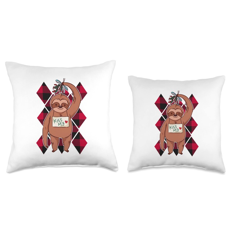Christmas Sloth mistletoe red plaid pattern Throw Pillow, 16x16, Multicolor