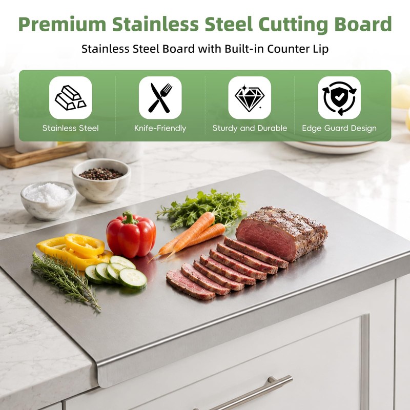 Large Stainless Steel Cutting Board with Lip for Kitchen -