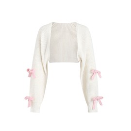 SHENHE Women's Open Front Ribbed Knit Bow Cute Cropped Cardigan Bolero Sweater Shrug, Beige, 5X-Large