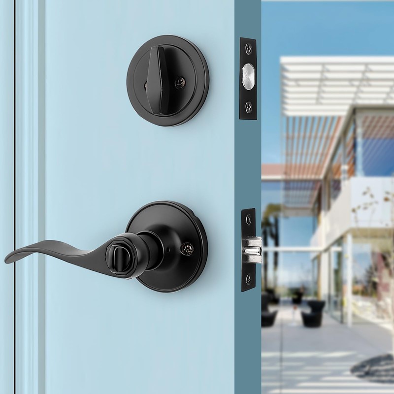 Probrico 2 Pack Black Door Lever and Single Cylinder Deadbolt