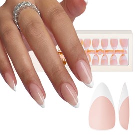 KQueenest Soft Gel French Nail Tips, 300 Pcs White French Tip Press on Nails Medium Almond, Natural Fit Stiletto Fake Nails Kit, Pre-Applied Artificial Nails for Women Elegant Manicure, Nude Pink
