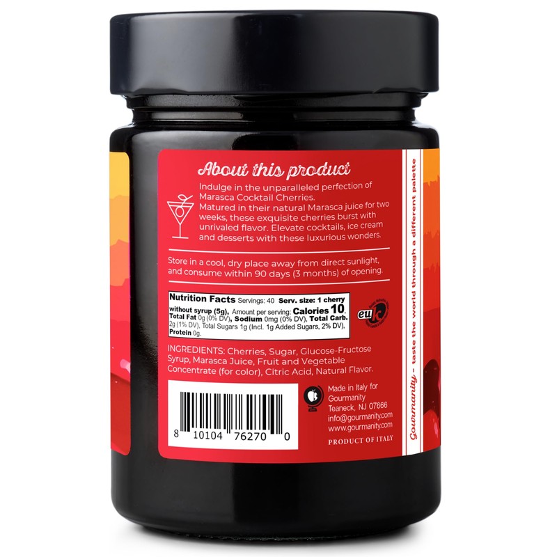 Gourmanity Cocktail Maraschino Cherries, Made from Italian Grown Marasca Cherries.