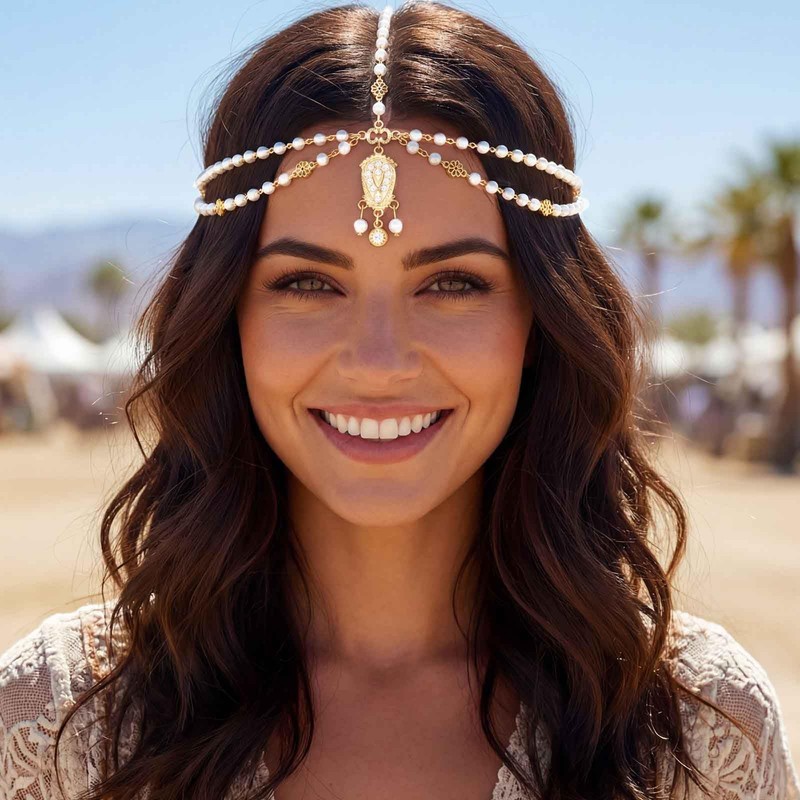 Yokawe Bohemian Beaded Head Chain,Turquoise Pearl Headpiece,Festival Hair Accessory (White)