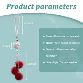 Ziciner Bling Diamond Heart Car Interior Accessories, Car Mirror Hanging Ornament for Women, Love Heart & Pink Plush Ball Decor Ornament Pendant (Wine Red)