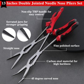 LEONTOOL 2 Piece Double Joint Long Nose Pliers Set, 13 Inch, Straight and 45 Degree Bent, Extra Long Nose Pliers with Serrated Jaw, Long Reach for Hard to Reach Narrow Spaces
