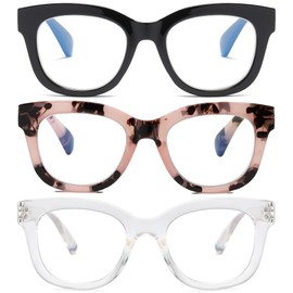 ZXYOO anteojos de lectura de gran tamaño para mujer, paquete de 3 unidades con bloqueo de luz azul para computadora, Leopardo negro y rosa y transparente, Grande