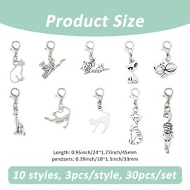 SUPERFINDINGS 30Pcs 10 Styles Tibetan Cat Charms Pendan Antique Silve Kitten Charms Zipper Pulls Charm Alloy Lobster Claw Clasps Pendants for Keychain Jewelry Making