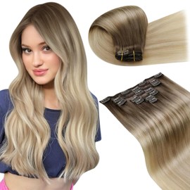 LaaVoo Clip in Hair Extensions Real Human Hair Blonde Hair Extensions Clip in Balayage Light Brown to Ash Blonde Full Head 120g 7pcs 14 Inch Straight Remy Hair Double Weft #8/18/60