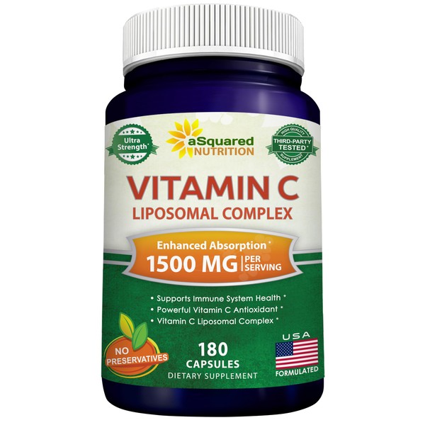 aSquared Nutrition Vitamin C Liposomal Complex - 1500mg Supplement - 180 Capsules - High Absorption VIT C Ascorbic Acid Pills - Supports Immune System & Collagen Health - 90 Servings