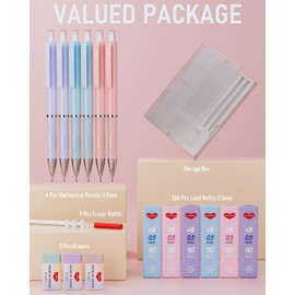 Smallbudi 6PCS 0.5mm Mechanical Pencils Set Pastel Mechanical Pencils with 360PCS HB Lead Refills, 3 Erasers, Aesthetic Back to School Supplies Pencil for Writing, Drafting, Sketching - with Case