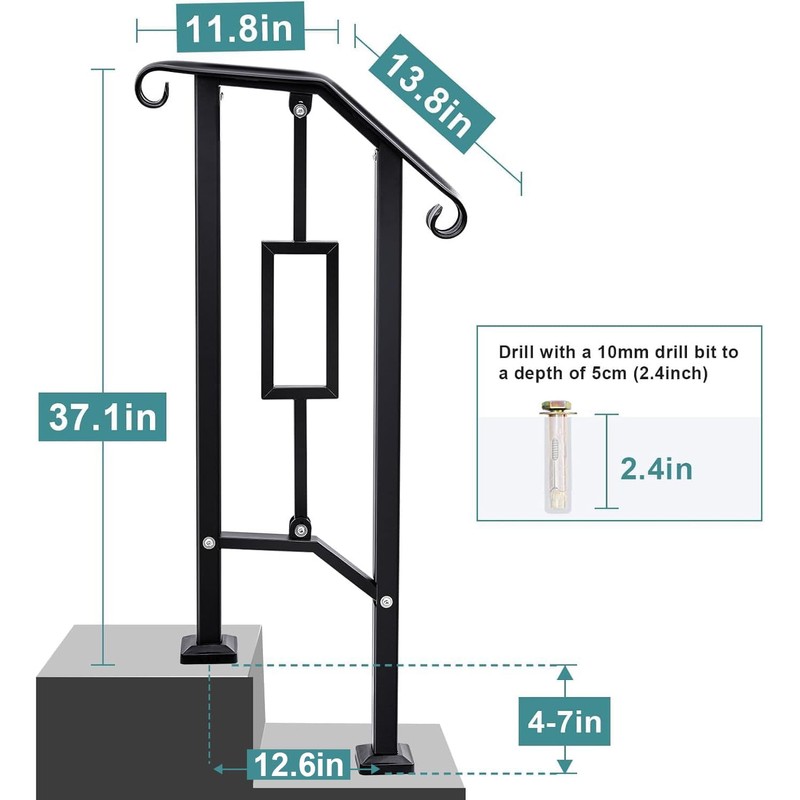 LMRSTOO Black Handrails for Outdoor Steps, Heavy Duty Double Post