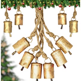 Set of 6 Bell Ornaments for Christmas Tree Rustic Decorations Vintage Bells Outdoor Chirstmas Gold Bells - Rustic Metal Handmade Lucky Cowbells Tin Metal Tree Decoration with Rope