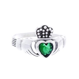 CLADDAGH 10mm Green Emerald Heart 925 Sterling Silver Friendship Ring, Fabric, Crystal