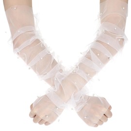 Skrfren Long Tulle Pearl Gloves, Women's Long Ruched Fingerless Glove with Pearl White Pearls Bridal Elbow Length Summer Fingerless Sheer Tulle Mesh Glove for Wedding Tea Opera Party Hallowmas