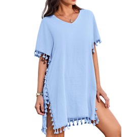 AI'MAGE Swimwear Solid Color Stylish for Ladies Loose Bikini Cover Up Beach Dress Polyester Beachwear, Light Blue, XL